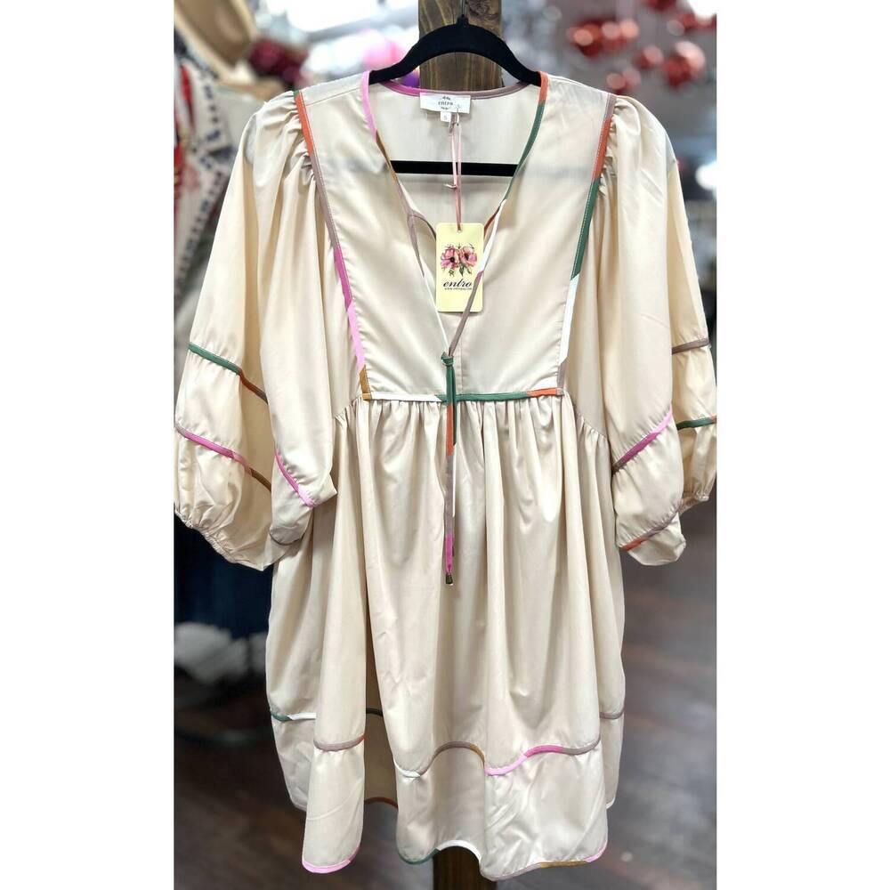 Entro Cream Mini Dress with Pink and Green Accents